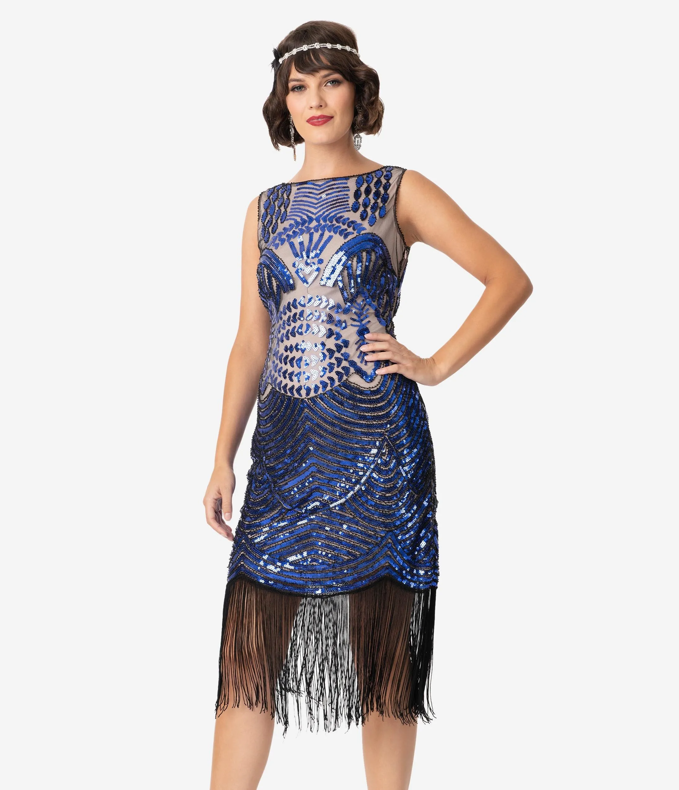 Unique Vintage Beige & Royal Blue Sequin Rouen Fringe Flapper Dress