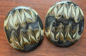 Vintage 80's Glitter Marbled Enamel Gold Gray Cream Pierced Earrings
