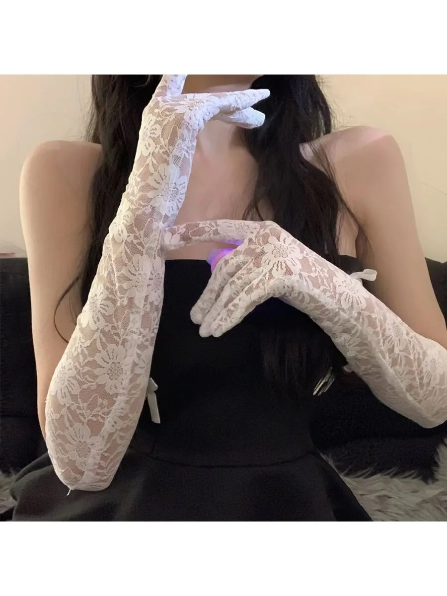 Vintage Style Long Black Net Yarn Lace Gloves For Bridal, Lolita, Sexy Lady, Wedding Photo Props, White Arm Sleeves