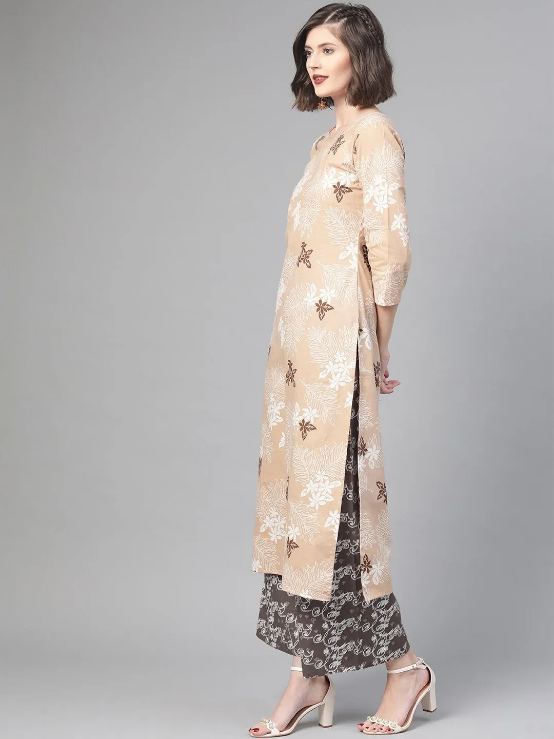 Women Beige & Off White Straight Floral Printed Kurta And Palazzos Set