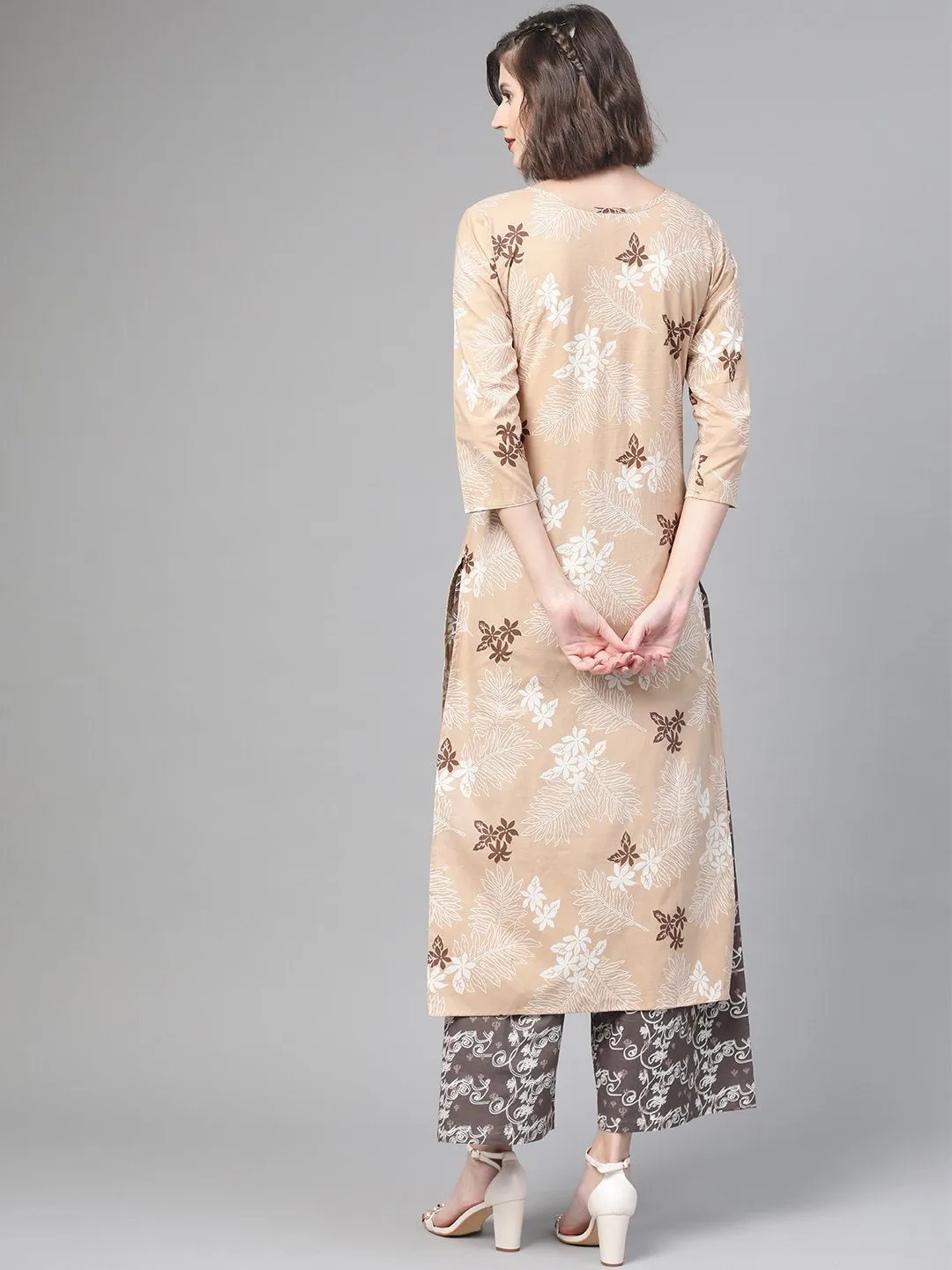 Women Beige & Off White Straight Floral Printed Kurta And Palazzos Set