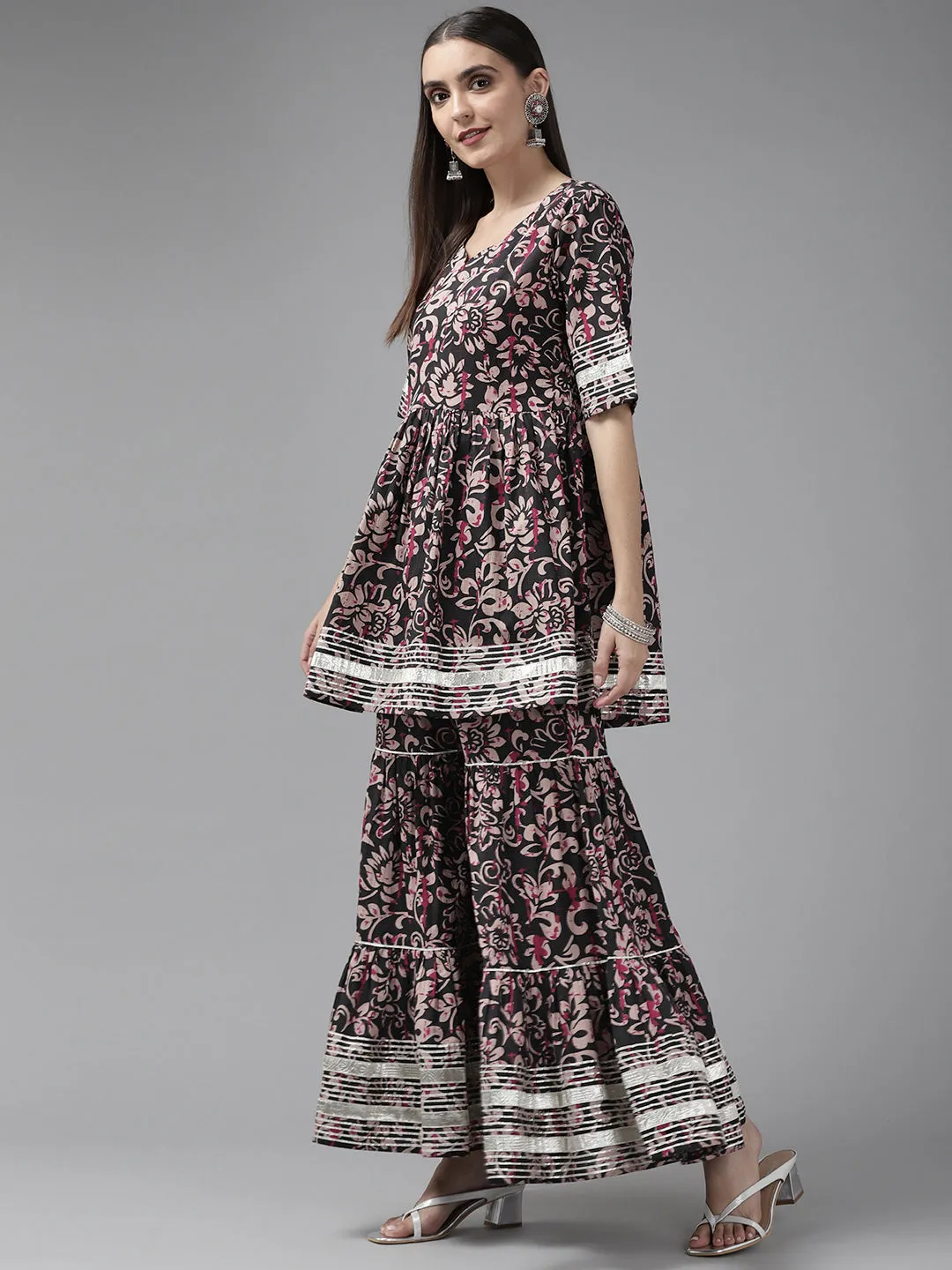 Women Black Gotta Patti Pure Cotton Kurta With Sharara & Dupatta
