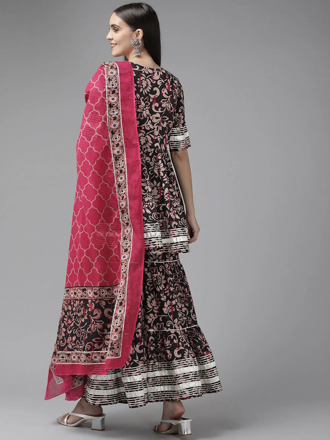 Women Black Gotta Patti Pure Cotton Kurta With Sharara & Dupatta