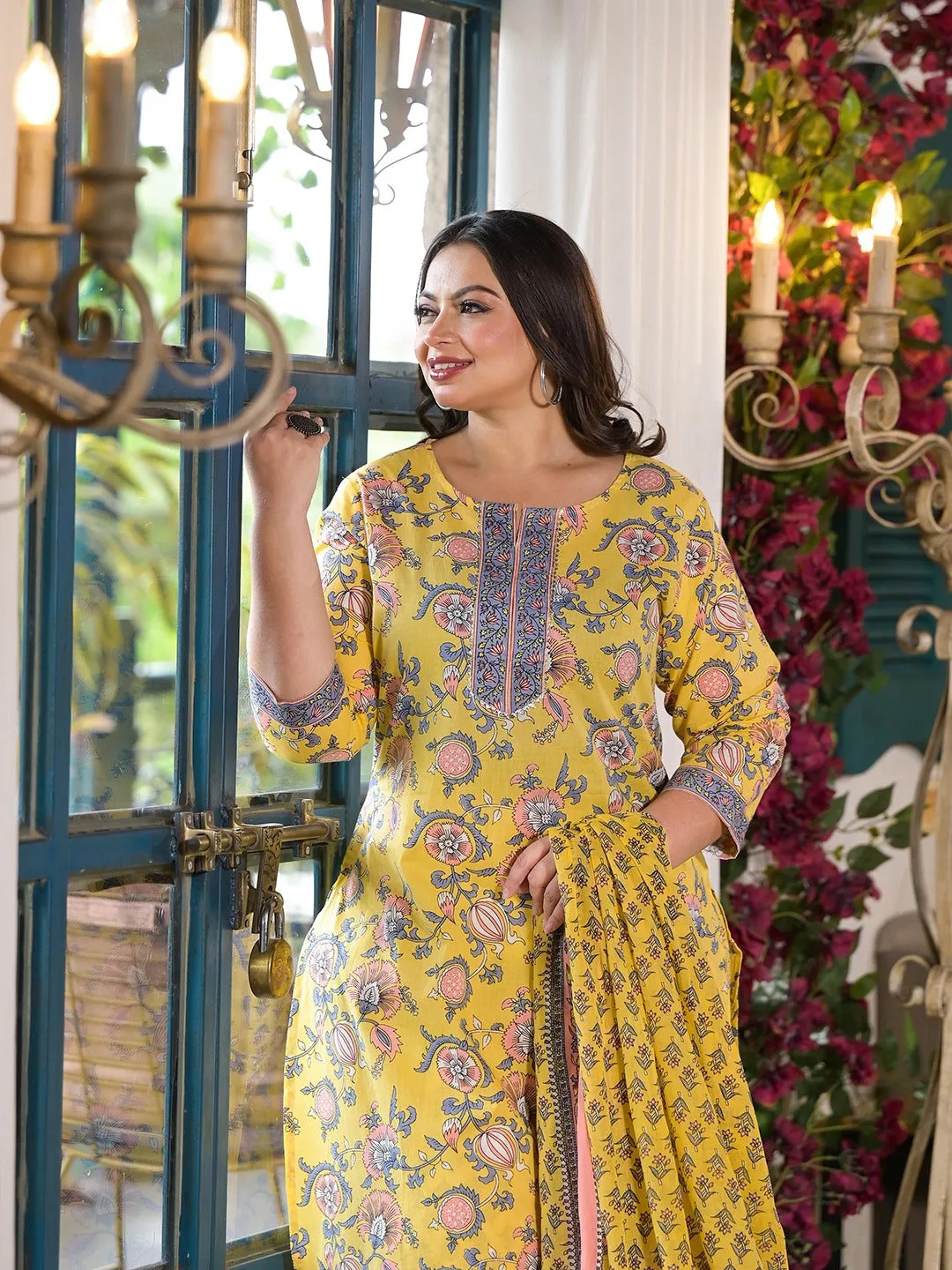 Women Plus Size Yellow Pure Cotton Kurta Set With Dupatta