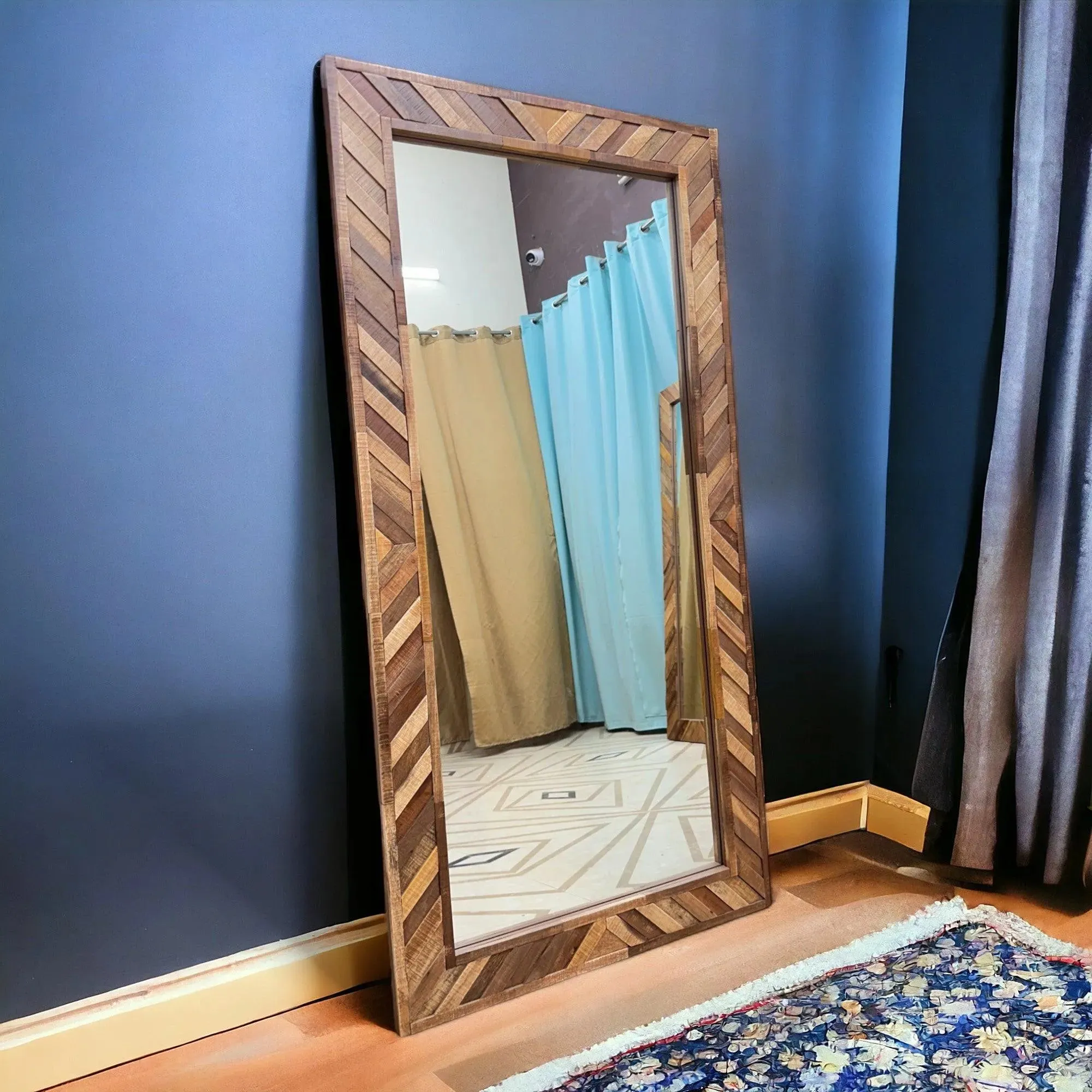 Wooden Twist Nuzzle Traditional Rectangular Hand-Carved Mango Wood Decorative Wall Standing Frame Mirror (60 x 24 inch)
