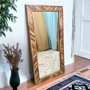 Wooden Twist Nuzzle Traditional Rectangular Hand-Carved Mango Wood Decorative Wall Standing Frame Mirror (60 x 24 inch)