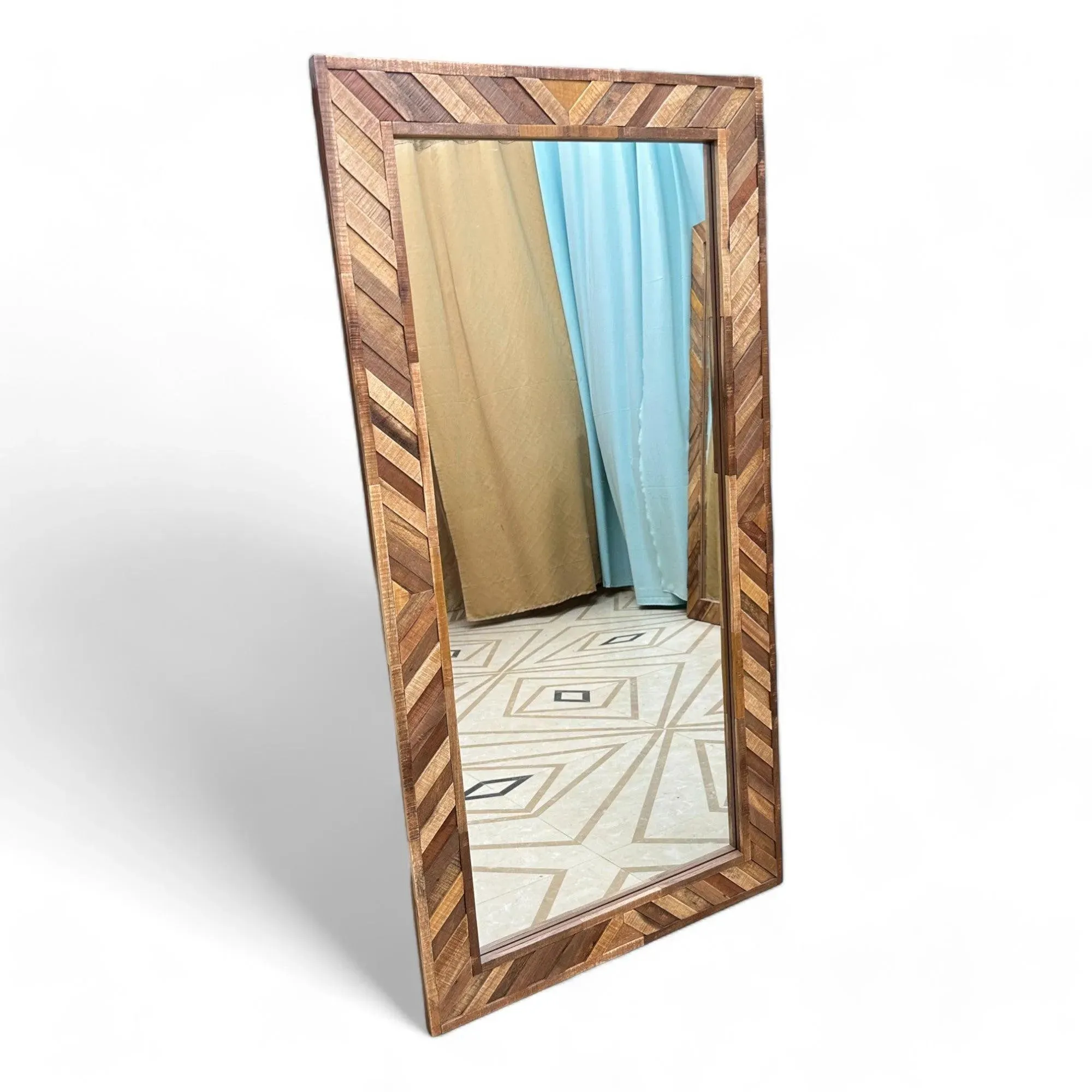 Wooden Twist Nuzzle Traditional Rectangular Hand-Carved Mango Wood Decorative Wall Standing Frame Mirror (72 x 24 inch)